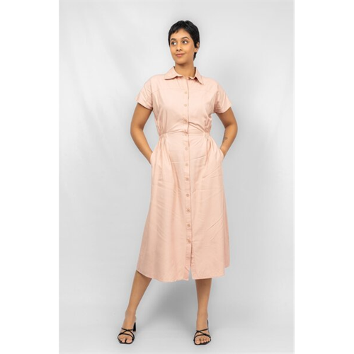 Odel Light Pink Cap Sleeve Side Waist Elasticated Midi Shirt Dress