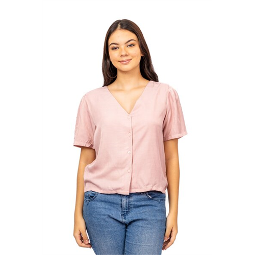 Odel Light Pink Deep V Neck Loose Fit Buttoned Top