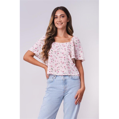 Odel Light Pink Floral Printed Sweet Heart Neck Top