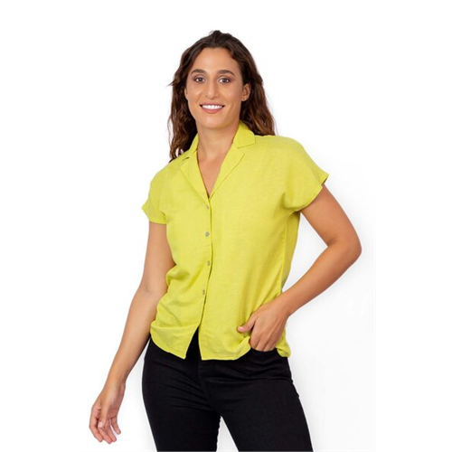 Odel Lime Green Lapel Collar Cap Sleeve Buttoned Top