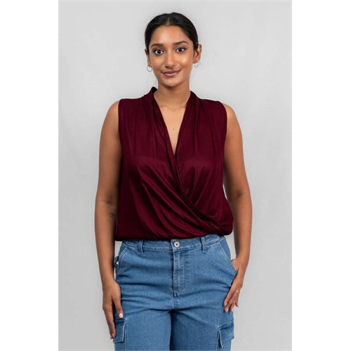 Odel Maroon V Neck Asymmetrical Sleeveless Top