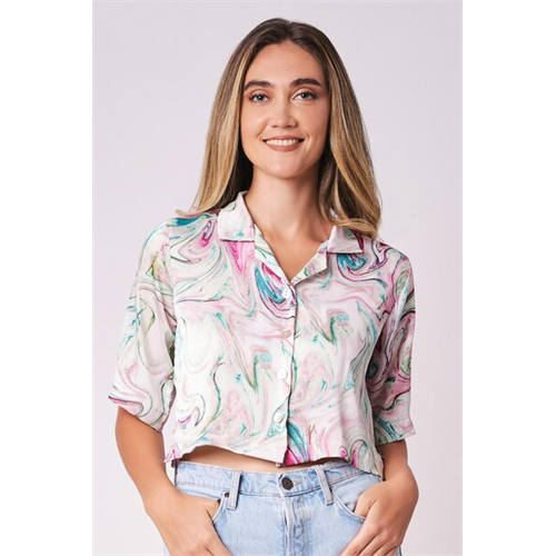 Odel Multicoloured Printed Lapel Collar Cropped Shirt