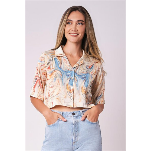 Odel Multicoloured Printed Lapel Collar Cropped Shirt