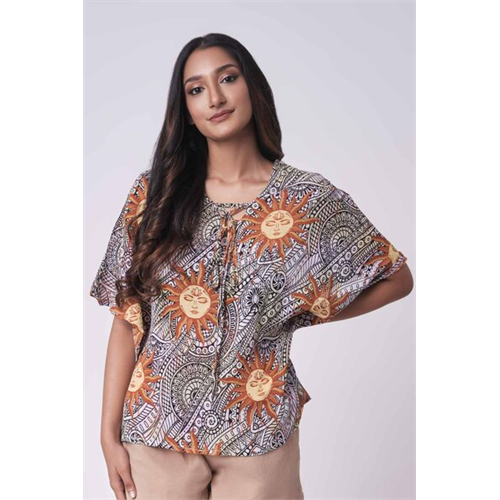 Odel Multi Printed Short Sleeve Neck Tie Up Kaftan