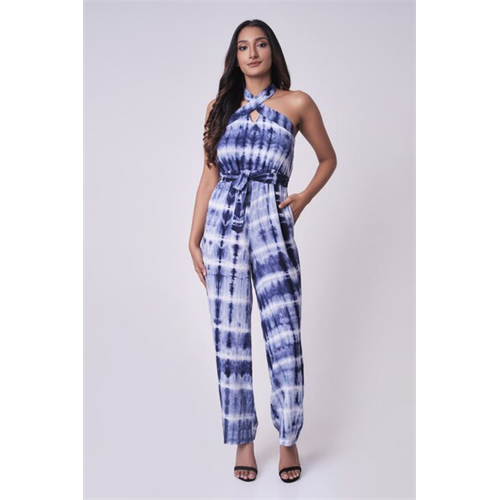Odel Multi Tie Dye Printed Halter Neck Waist Tie Up Jumpsuit