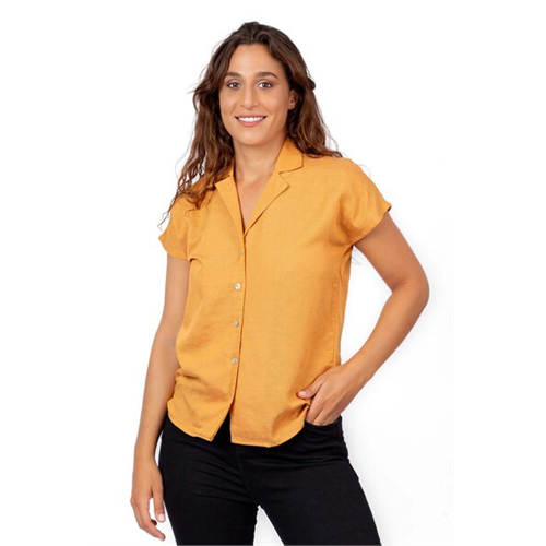 Odel Mustard Lapel Collar Cap Sleeve Buttoned Top