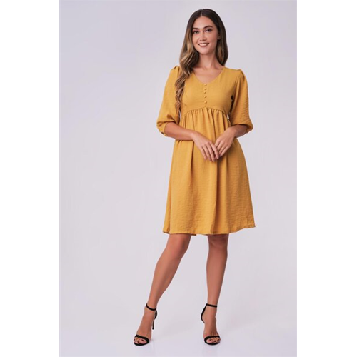 Odel Mustard V Neck Gathered Waist Dress