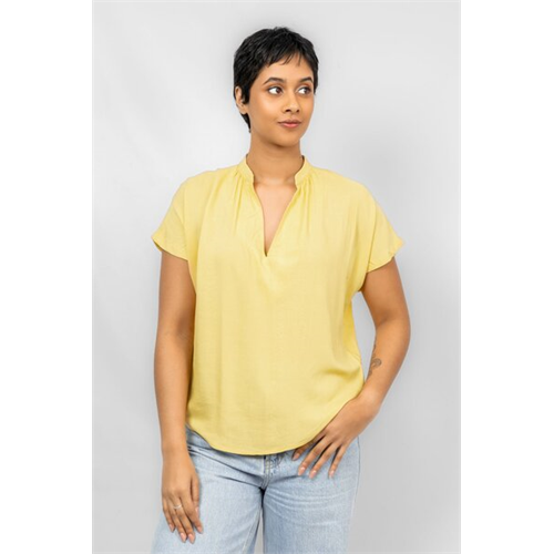 Odel Mustard Yellow Gathered V Neck Cap Sleeve Loose Top