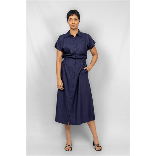 Odel Navy Cap Sleeve Side Waist Elasticated Midi Shirt Dress