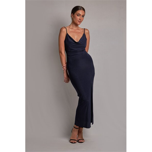 Odel Navy Cowl Neck Side Slit Maxi Dress