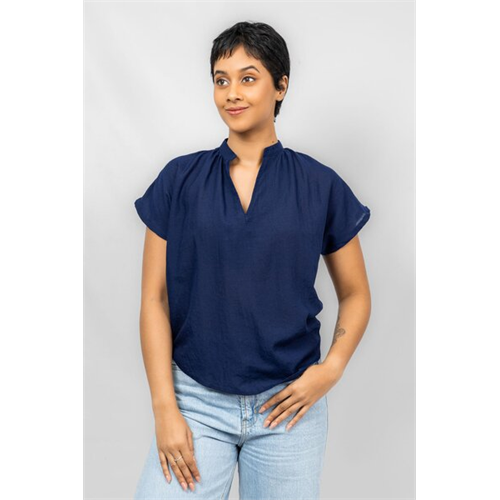 Odel Navy Gathered V Neck Cap Sleeve Loose Top
