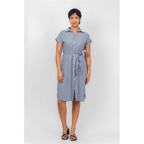Odel Navy Striped Cap Sleeve Button Down Midi Dress