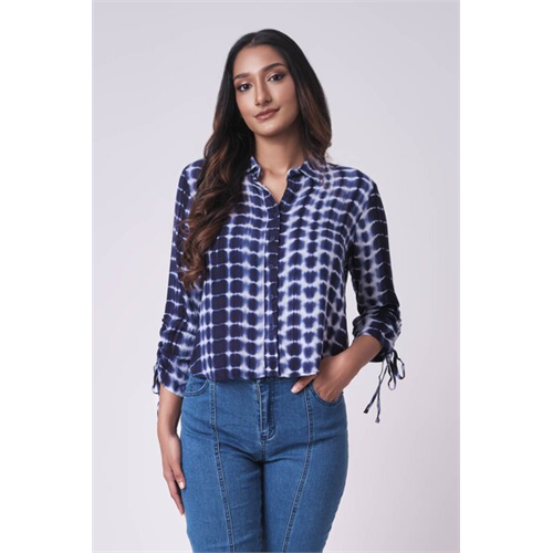 Odel Navy Tie Dye Printed Ruched Sleeve Shirt