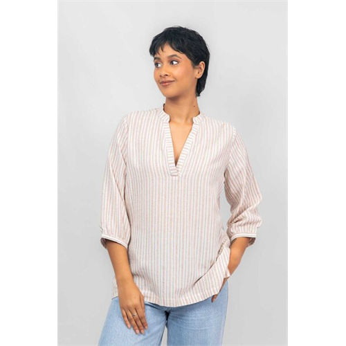 Odel Off White & Brown Stripe Chinese Coller 3/4 Sleeve Loose Fitted Tunic