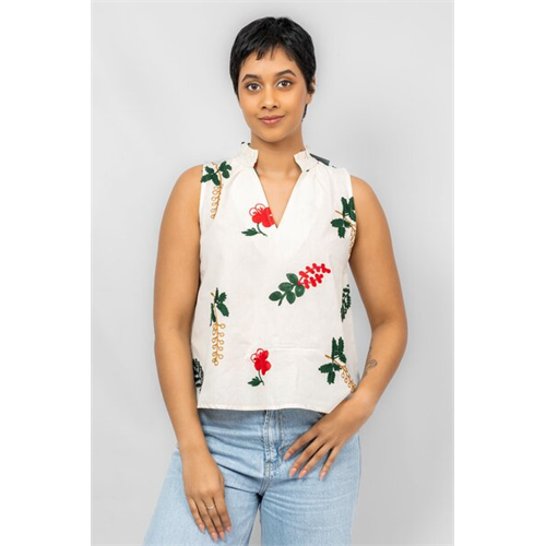 Odel Off White Floral Embroidered Sleeveless Chinese Coller Loose Fited Top