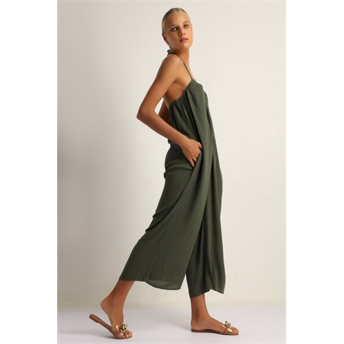 Odel Olive Halter V Tie Up Neck Oversized Maxi Jumpsuit