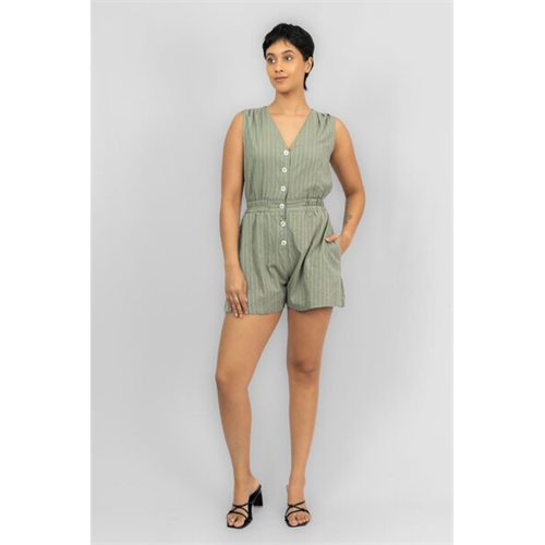 Odel Olive Striped Sleeveless V Neck Buttoned Down Romper