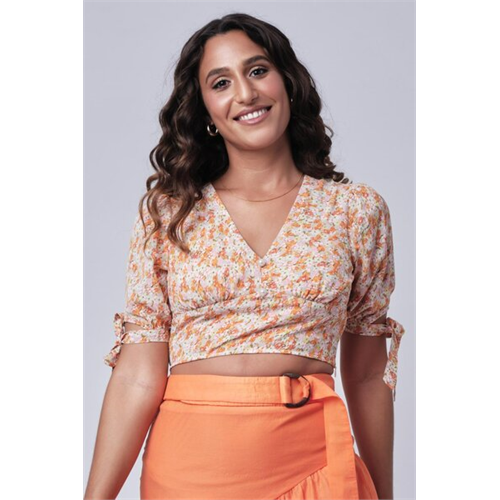 Odel Orange Floral V Neck 3/4 Sleeve Top