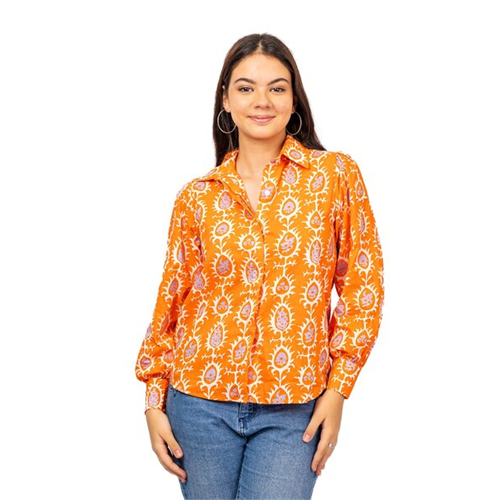 Odel Orange Printed Long Sleeve Loose Fitted Shirt