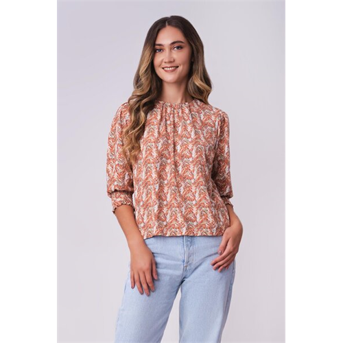 Odel Orange Printed Smoked Cuff Top