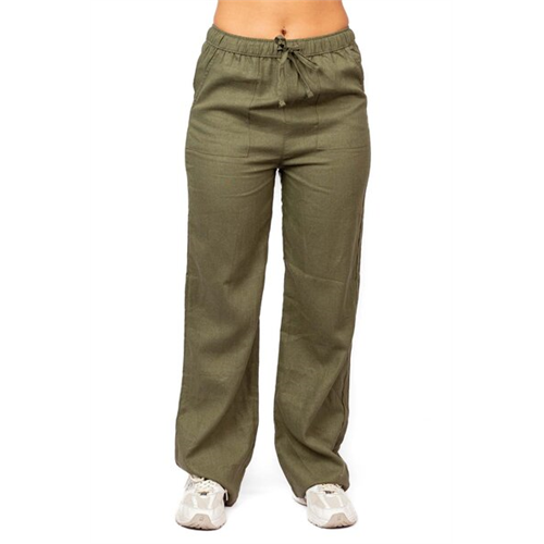 Odel Pale Brown Tie Up Straight Leg Linen Pants