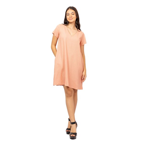 Odel Peach Short Sleeve Deep V Neck Midi Shift Dress