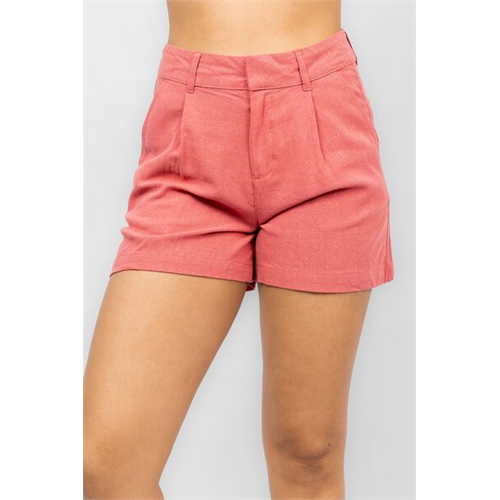 Odel Pinkish Red Front Pleated Slightly Loose Fitted Mini Short
