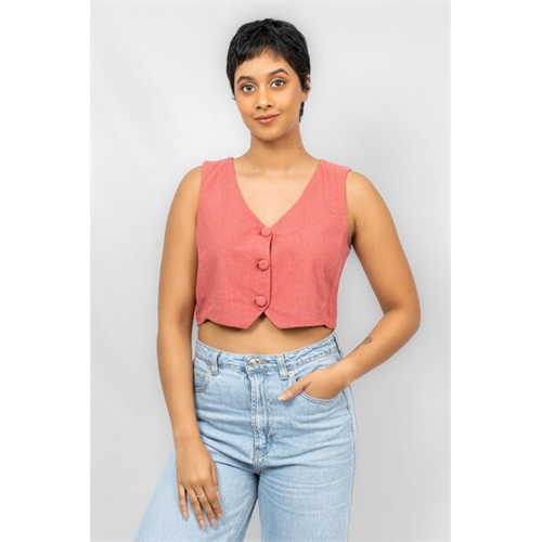 Odel Pinkish Red Sleeveless Deep V Neck Button Waistcoat Top