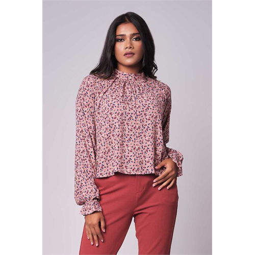 Odel Pink Printed High Neck Long Sleeve Loose Top