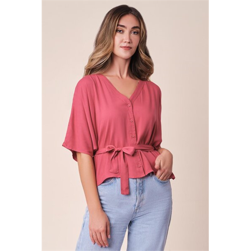 Odel Pink Tie Up Waist V Neck Top