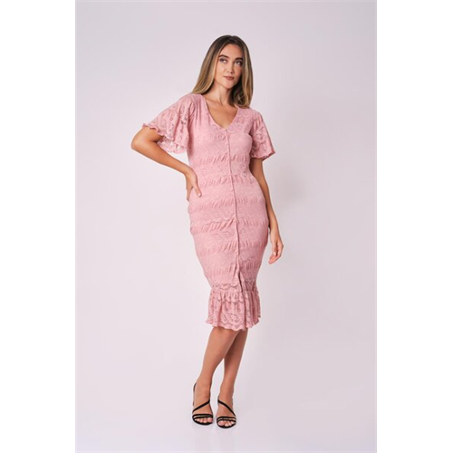 Odel Pink V Neck Flounce Hem Dress