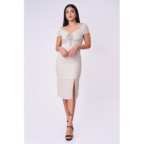 Odel Printed Ruched Tie Up Neck Dress