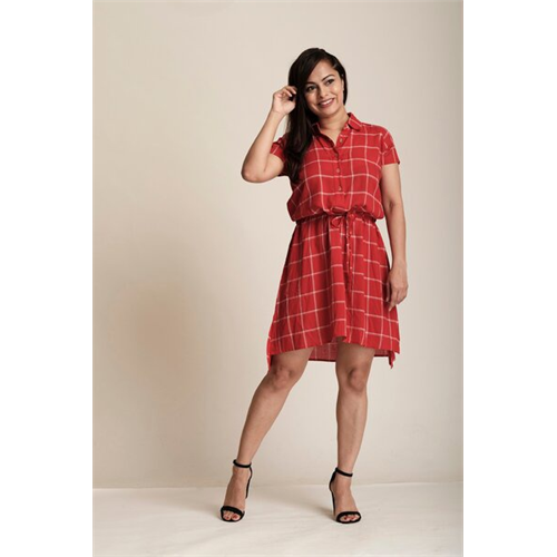 Odel Red Checked Tie Waist Dress