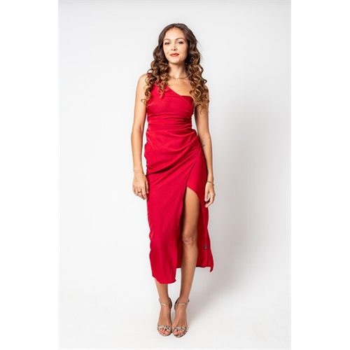 Odel Red Ruched Asymmetric One Shoulder Maxi Dress