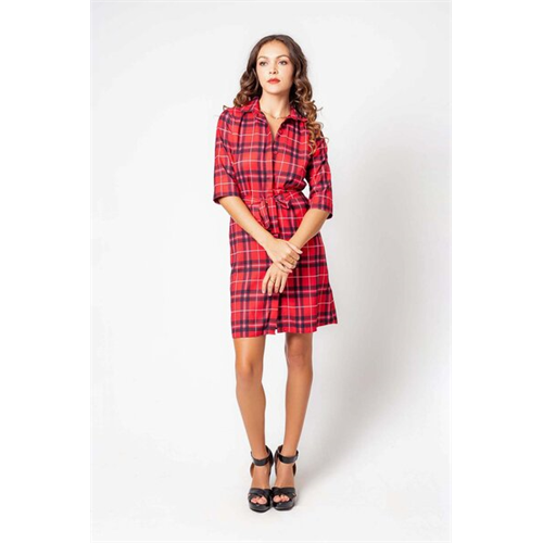 Odel Red Tartan Printed 3/4 Sleeve Belted Shirt Dress