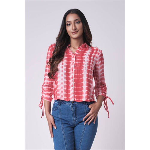 Odel Red Tie Dye Printed Ruched Sleeve Shirt