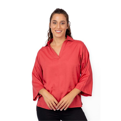Odel Red V Neck Collared Long Sleeve Top