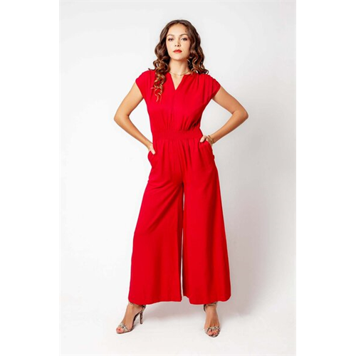Odel Red V Neck Sleeveless Smocked Waist Jumpsuit