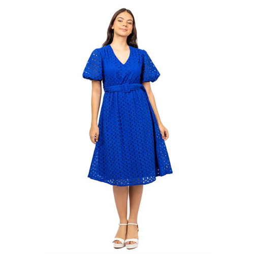 Odel Royal Blue Puff Sleeve Belted Midi Cutlon Dress