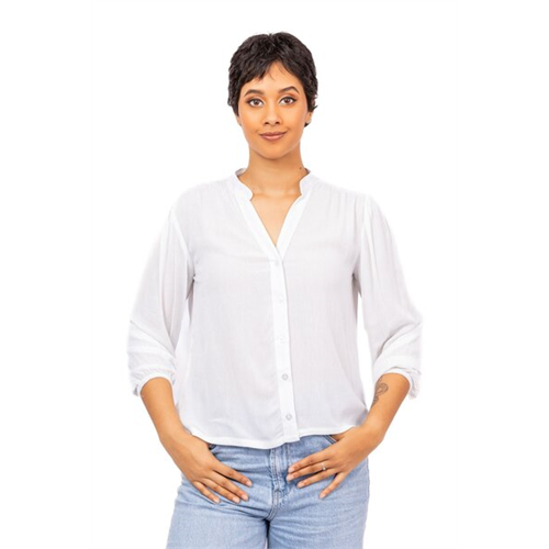Odel White 3/4 Sleeve Gathered Shoulder Shirt