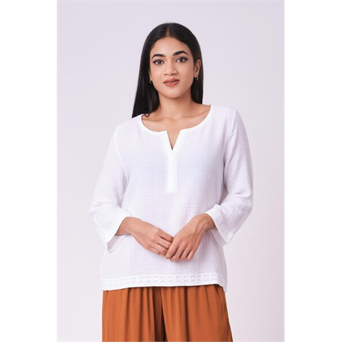 Odel White Contrast Embroidery Hem Long Sleeve Tunic