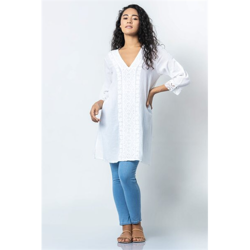 Odel White Embroidered V Neck Tunic