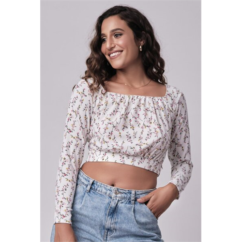 Odel White Floral Printed Cropped Long Sleeve Top