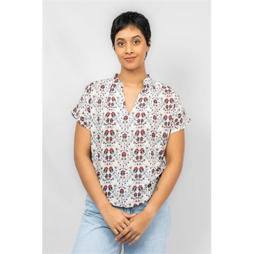 Odel White Floral Printed Gathered V Neck Cap Sleeve Loose Top
