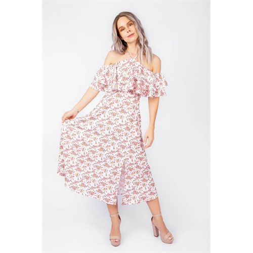 Odel White Floral Printed Halter Neck Off Shoulder Ruffled Midi Dress