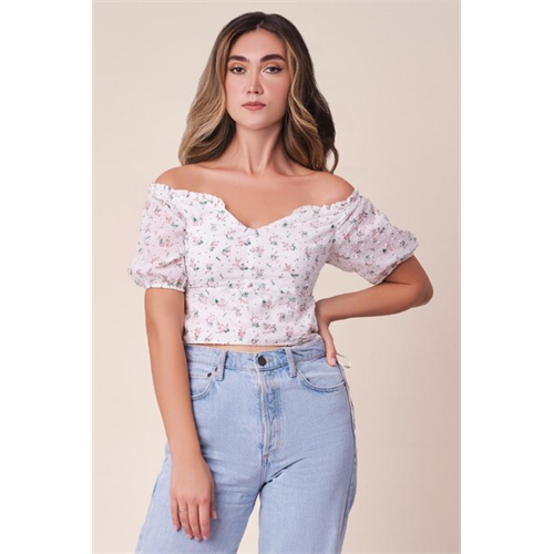 Odel White Floral Printed Off Shoulder Sweetheart Neck Top