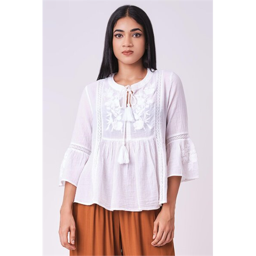 Odel White Front Embroidery Tassle Tie Up Tunic