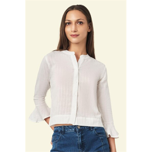 Odel White Mandarin Collar Long Sleeve Top