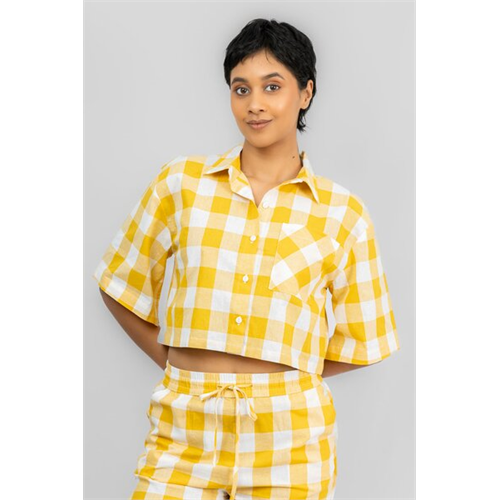 Odel White & Yellow Checked Short Sleeve Boxy Cropped Shirt