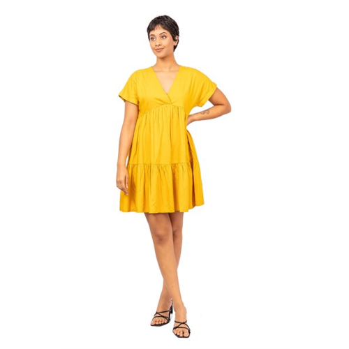 Odel Yellow Tiered Cap Turn Up Sleeve V Neck Midi Dress